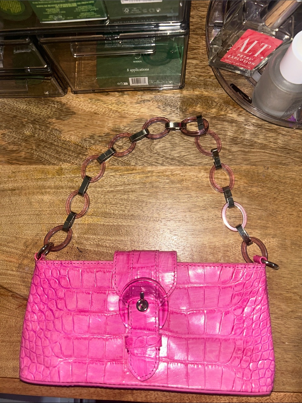 Adrienne Vittadini Hot Pink Croc-Embossed Shoulder Bag with Chain Links